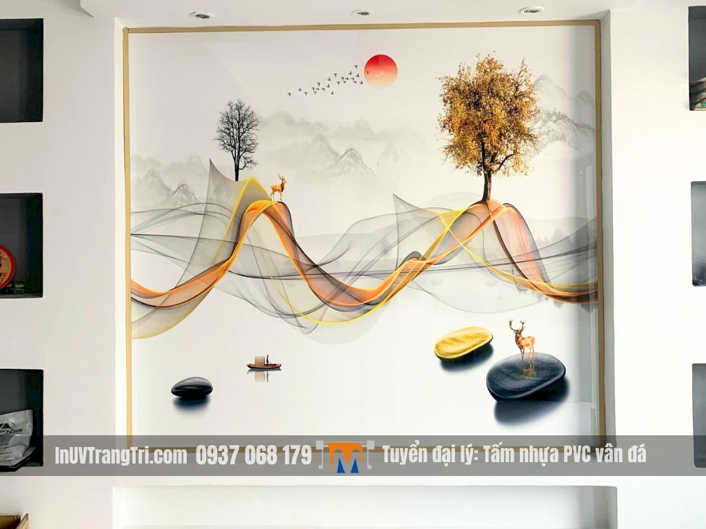 Thi công ốp tường phòng khách tranh nhựa PVC công trình quận Tân Phú, TPHCM