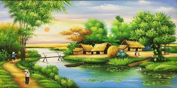 Mẫu tranh gạch 3D ao hồ sông nước ở miền quê 