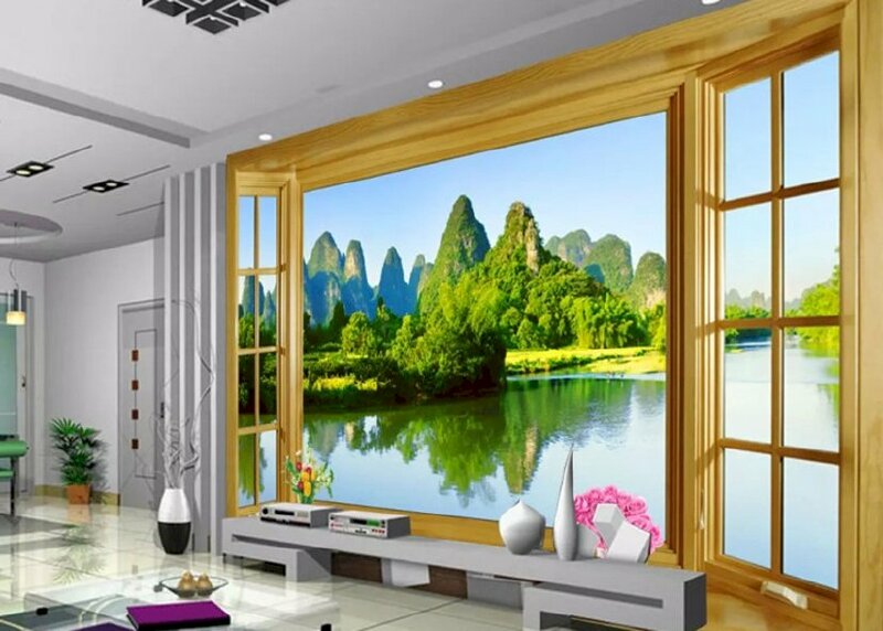 Mẫu tranh gạch 3D cửa sổ mở với phong cảnh thiên nhiên thanh bình, nên thơ